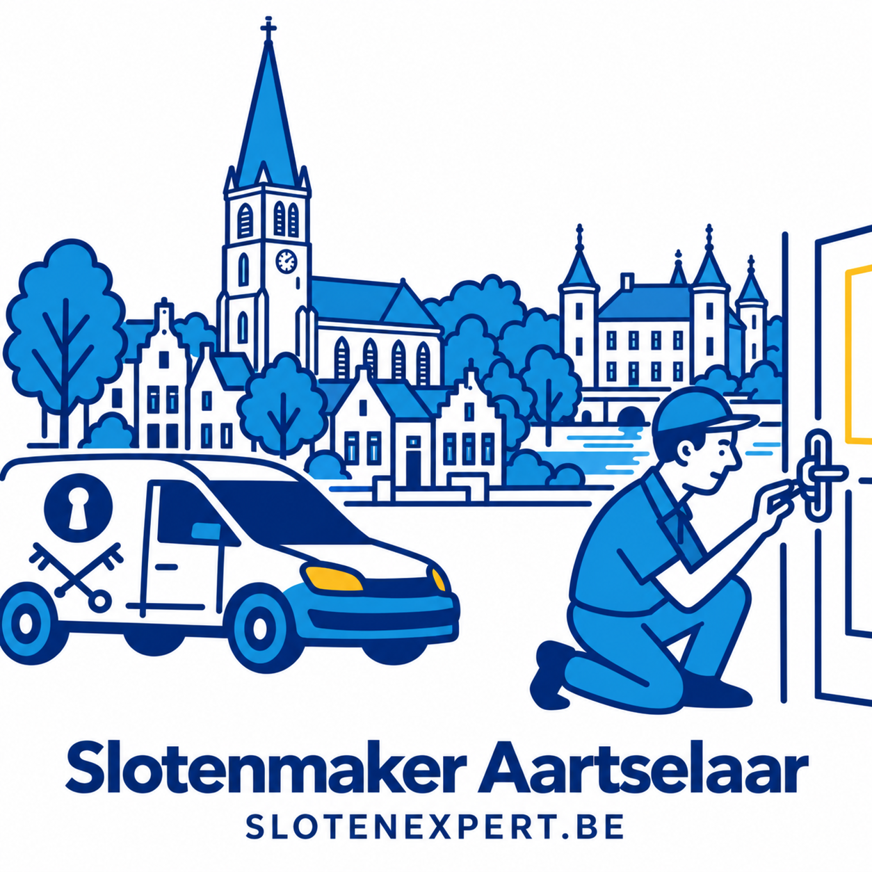 Illustratie van een SlotenExpert-technieker met camionette en de skyline van Aartselaar