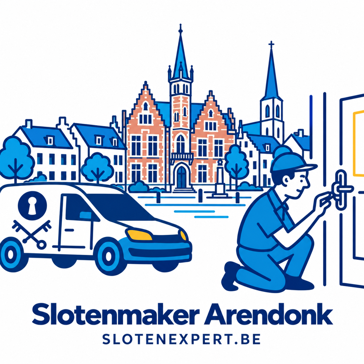 Blauwe SlotenExpert slotenmaker met camionette en geïllustreerde skyline van Arendonk