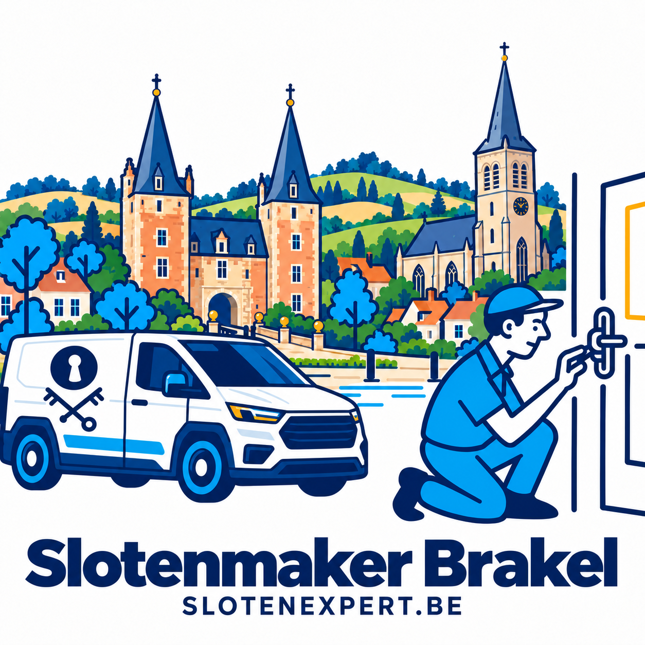 Illustratie van een SlotenExpert-technieker met vernieuwde camionette en herkenningspunten van Brakel