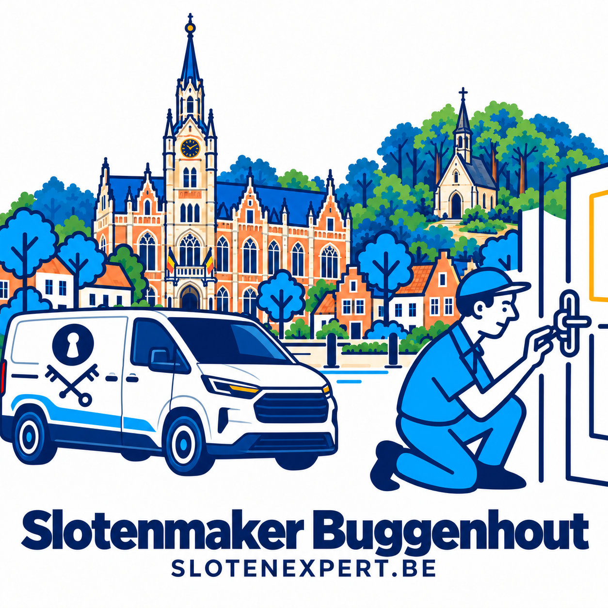 Illustratie van een SlotenExpert-technieker met vernieuwde camionette en herkenningspunten van Buggenhout