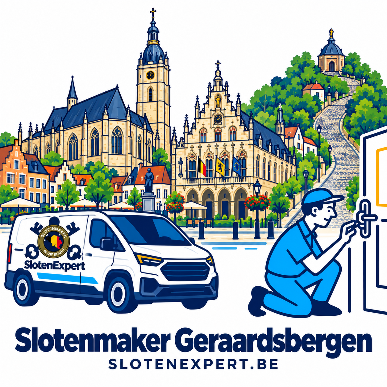Illustratie van een SlotenExpert-technieker met camionette en de skyline van Geraardsbergen