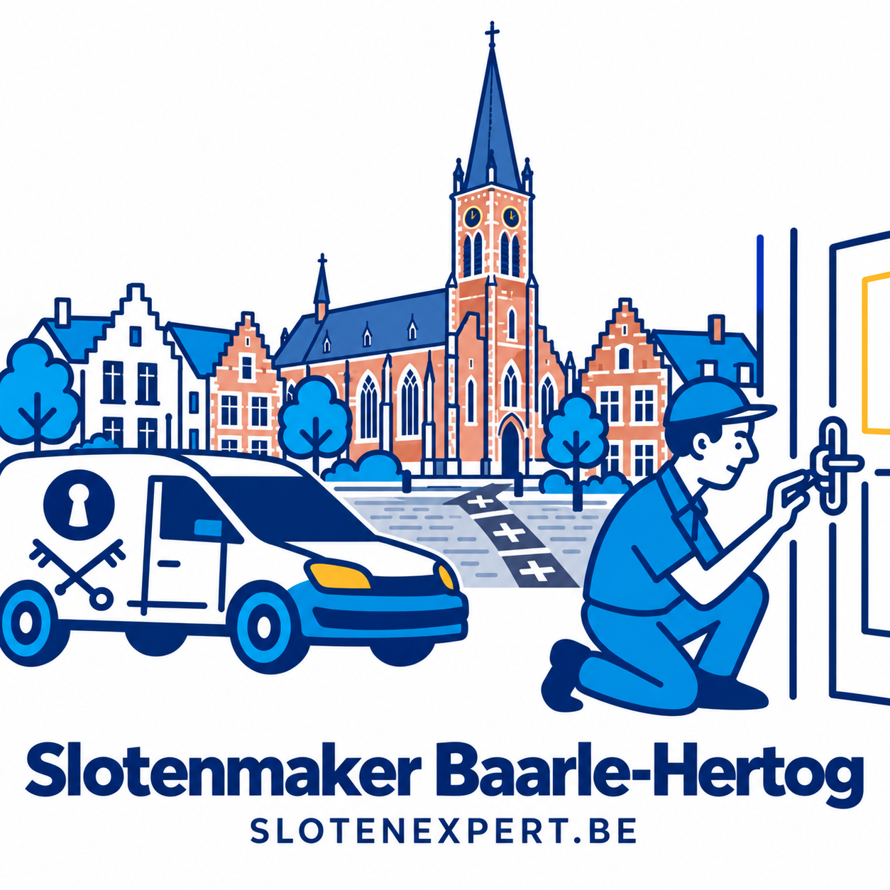 Blauwe SlotenExpert slotenmaker met camionette en geïllustreerd dorpsbeeld van Baarle-Hertog