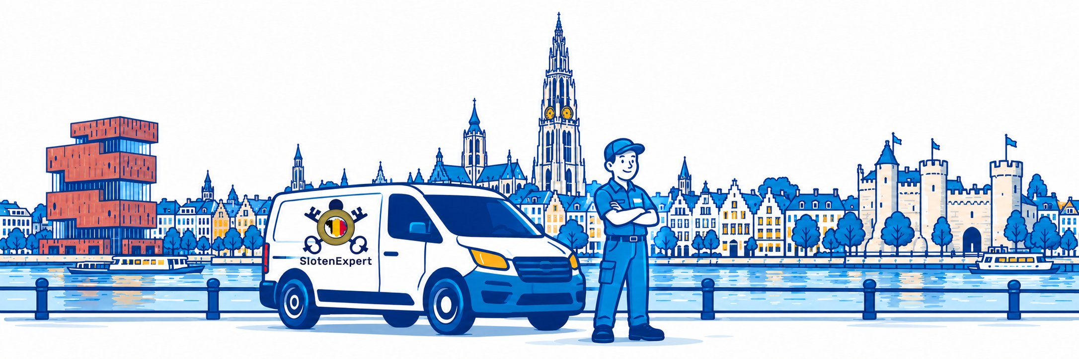 SlotenExpert-technieker en camionette met bedrijfslogo voor de Antwerpse skyline