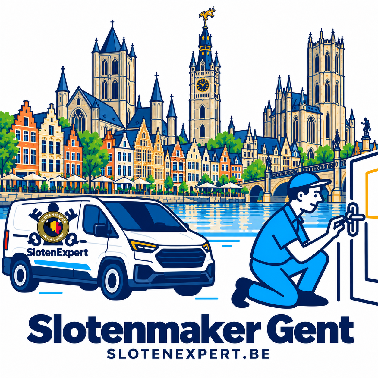 Illustratie van een SlotenExpert-technieker met camionette en de skyline van Gent