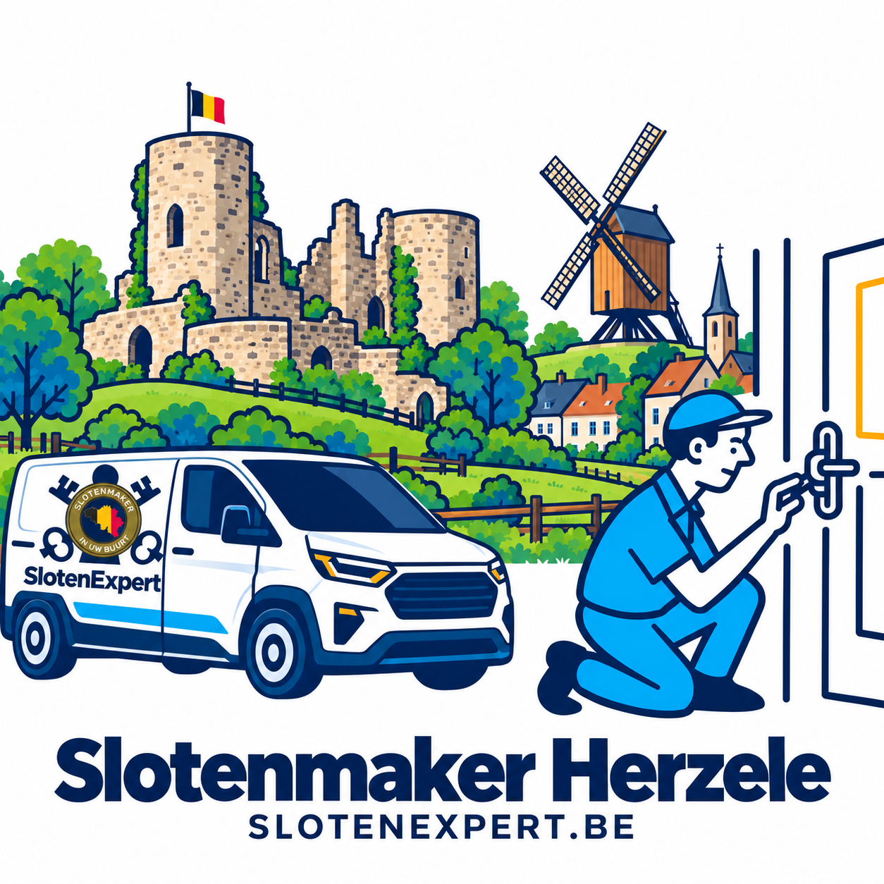 Illustratie van een SlotenExpert-technieker met camionette en de skyline van Herzele