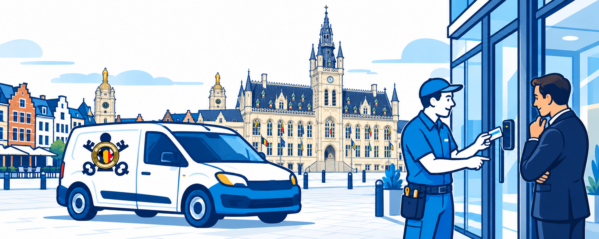SlotenExpert-technieker bij een zakelijke toegang, met servicewagen en het stadhuis van Sint-Niklaas op de achtergrond