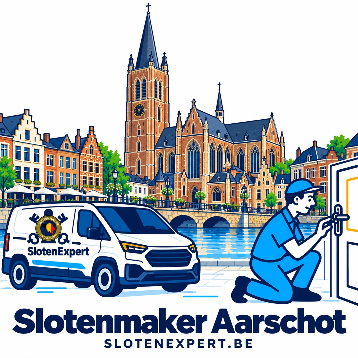 Blauwe SlotenExpert-technieker met camionette en lokale architectuur van Aarschot