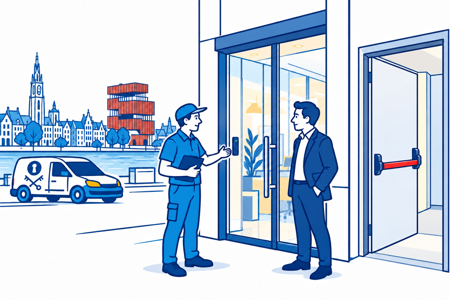 Illustratie van SlotenExpert bij een Antwerpse bedrijfsingang met toegangscontrole en het rode MAS op de achtergrond