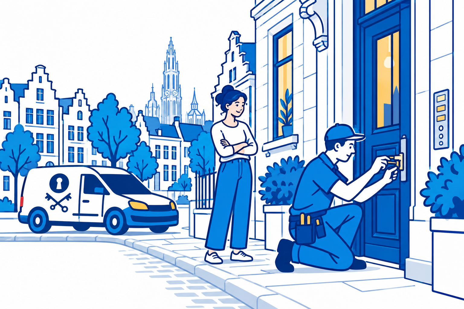 Illustratie van een SlotenExpert-technieker aan de deur van een Antwerps appartementsgebouw