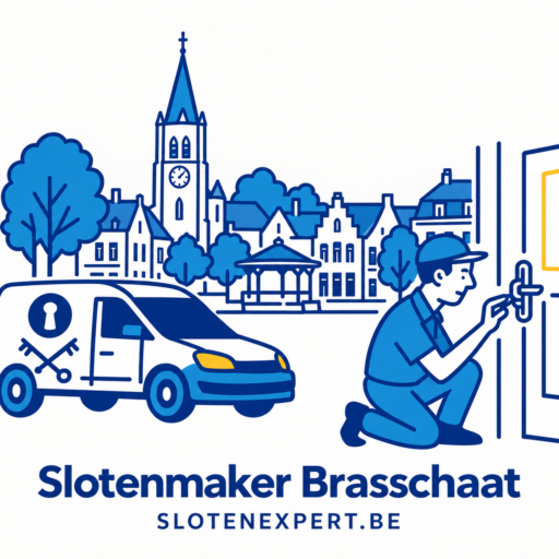 Illustratie van een SlotenExpert-technieker met camionette en de skyline van Brasschaat