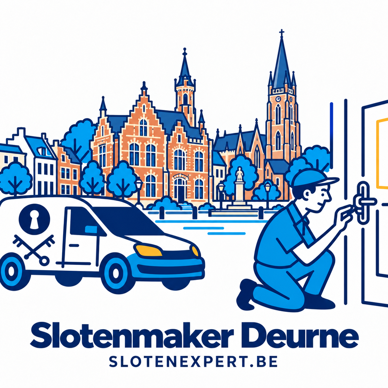 Blauwe SlotenExpert slotenmaker met camionette en geïllustreerd districtshuis van Deurne
