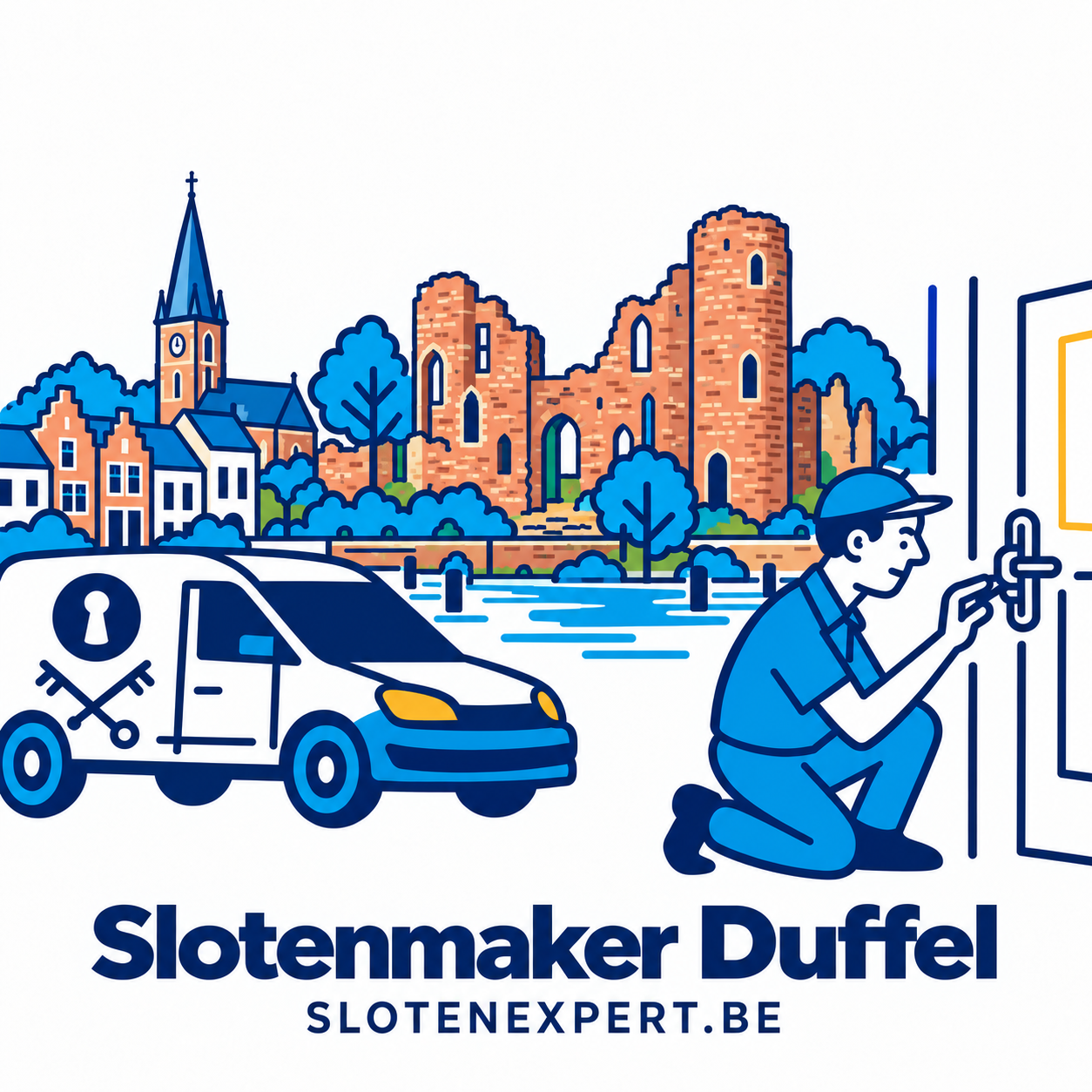 Blauwe SlotenExpert slotenmaker met camionette en geïllustreerde kasteelruïne Ter Elst in Duffel