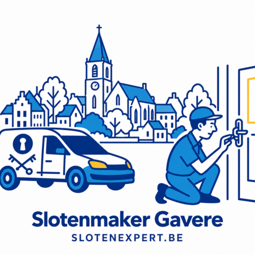 Blauwe SlotenExpert slotenmaker met camionette en geïllustreerde skyline van Gavere