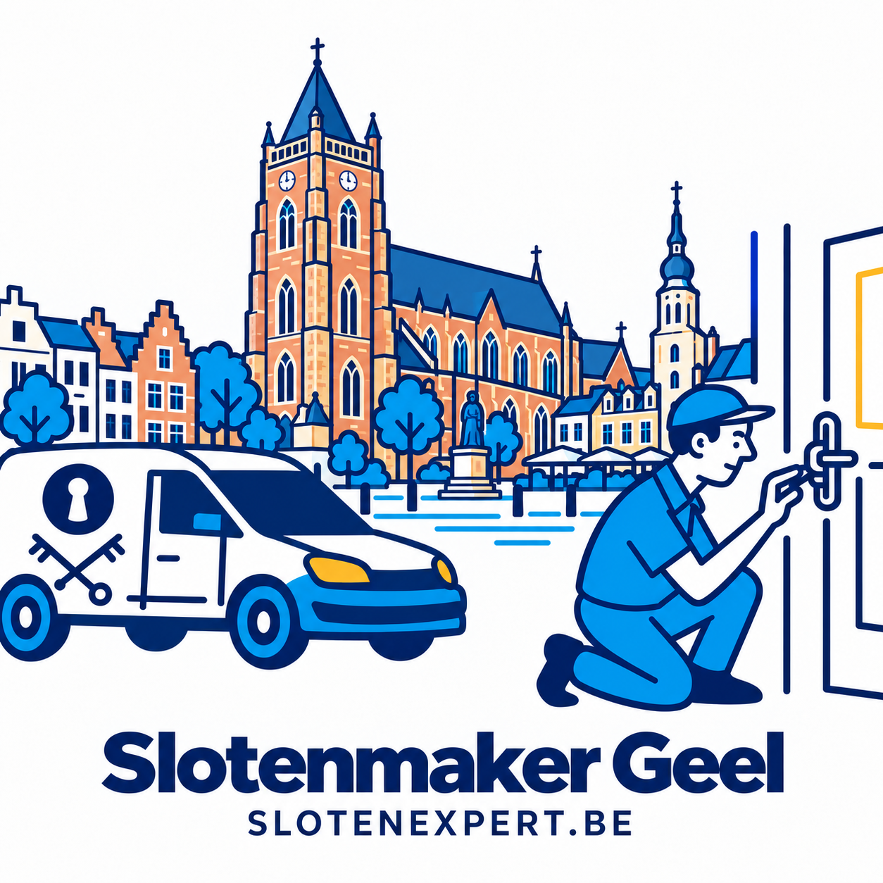 Blauwe SlotenExpert slotenmaker met camionette en geïllustreerd stadsbeeld met de Sint-Amandskerk in Geel