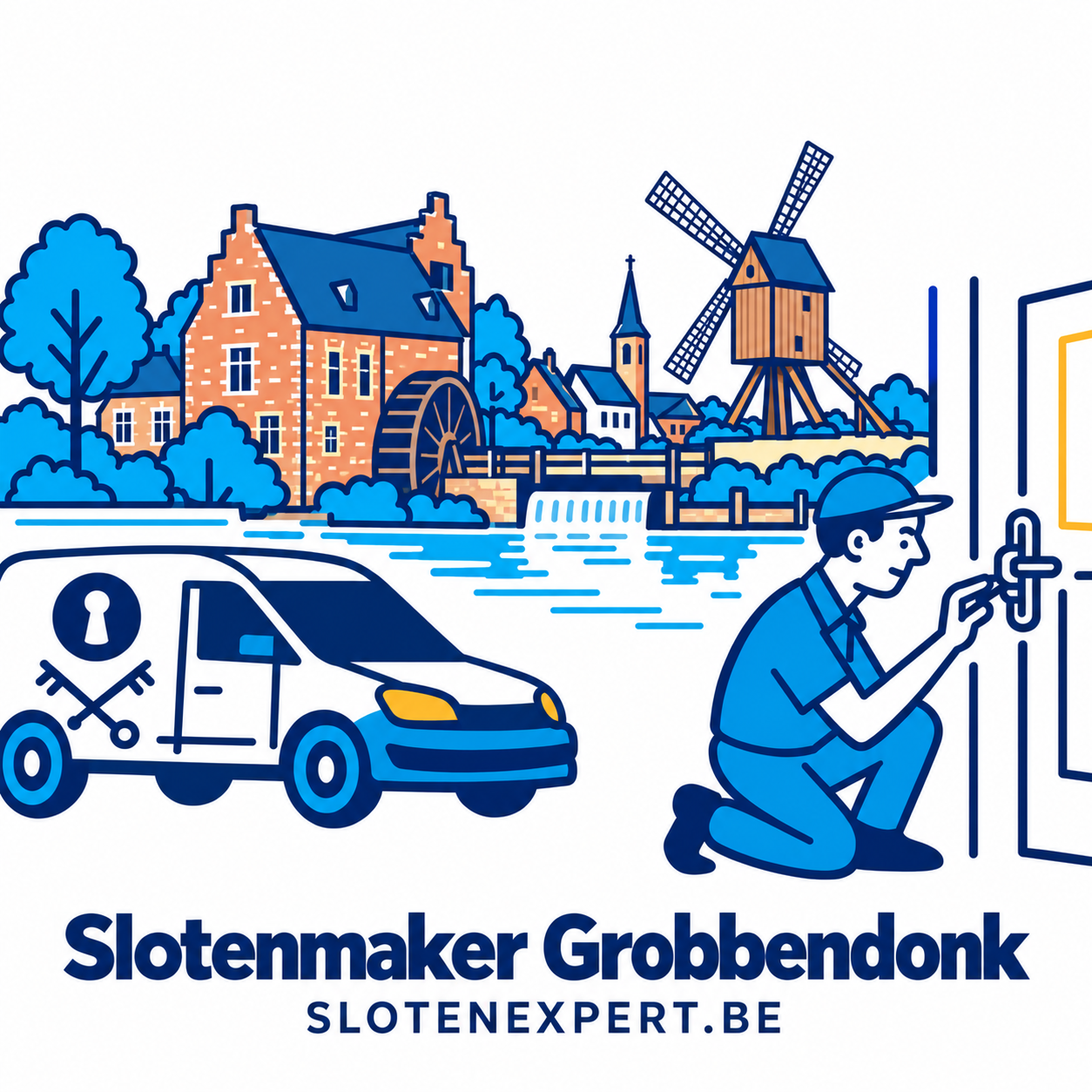 Blauwe SlotenExpert slotenmaker met camionette, watermolen van Grobbendonk en molen van Bouwel