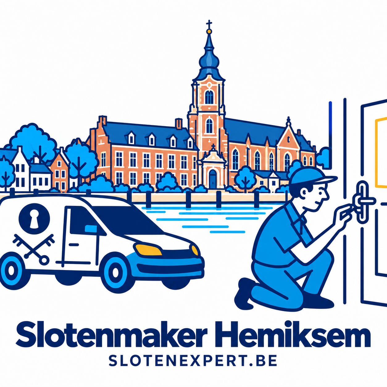 Blauwe SlotenExpert slotenmaker met camionette en geïllustreerde Sint-Bernardusabdij in Hemiksem