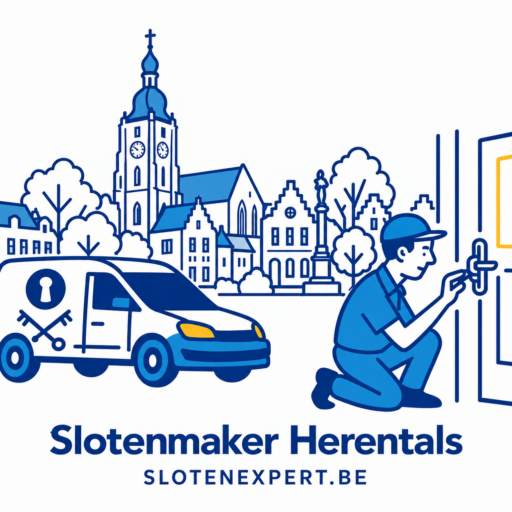 Illustratie van een SlotenExpert-technieker met camionette en de skyline van Herentals