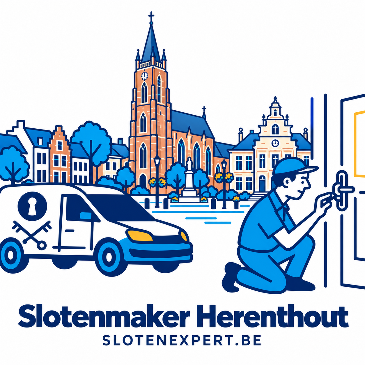 Blauwe SlotenExpert slotenmaker met camionette en geïllustreerd dorpsbeeld van Herenthout