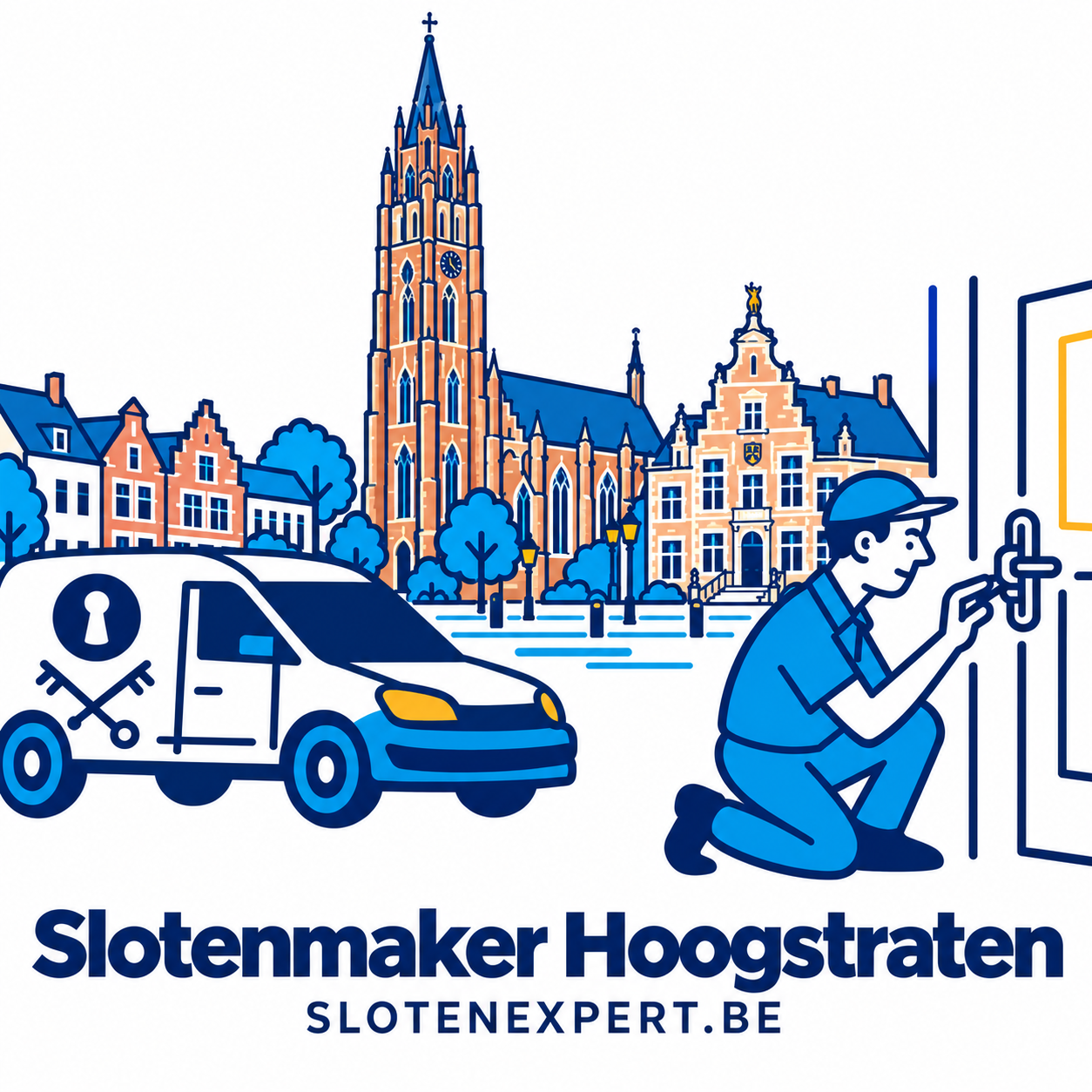 Blauwe SlotenExpert slotenmaker met camionette en geïllustreerde Sint-Katharinakerk van Hoogstraten