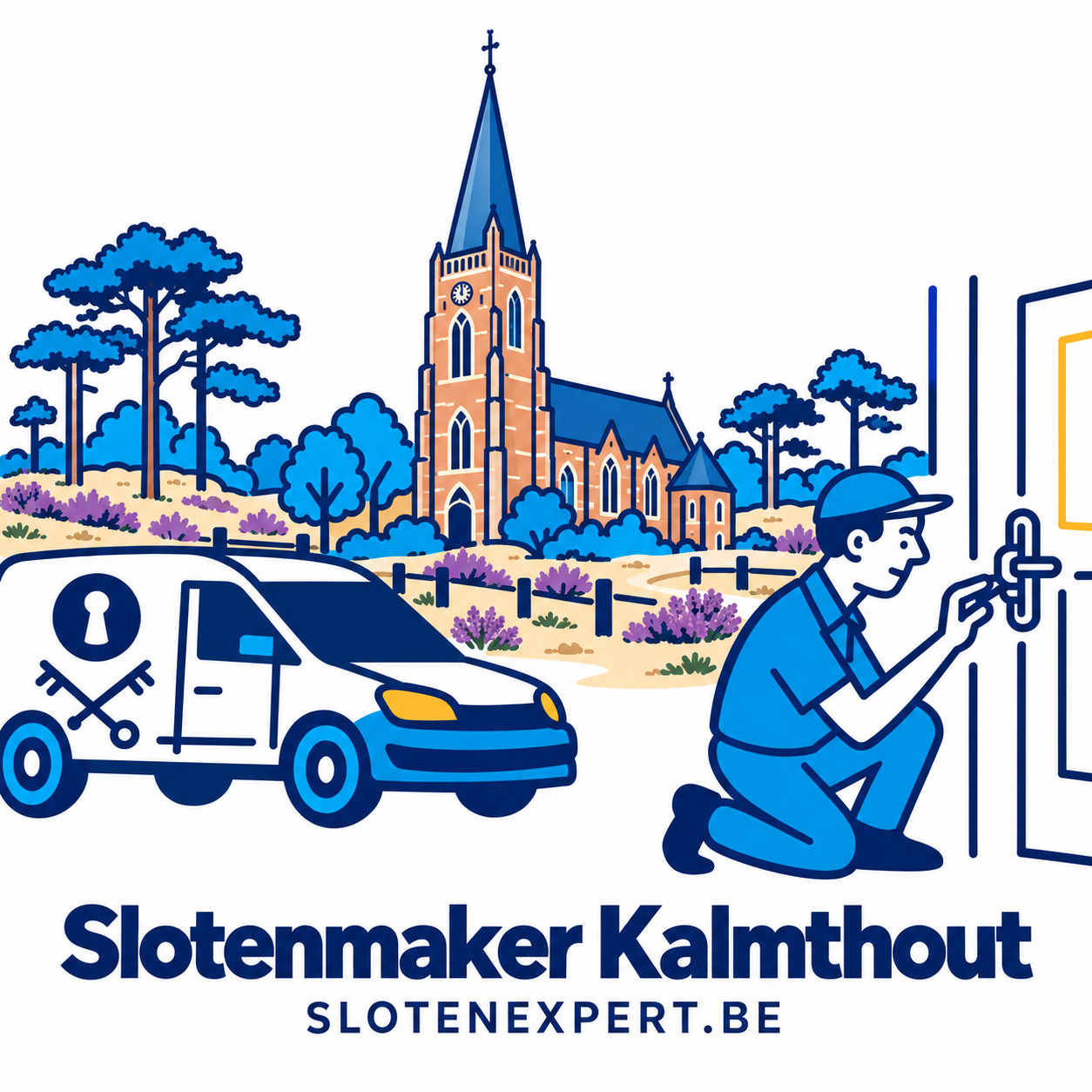Blauwe SlotenExpert slotenmaker met camionette en geïllustreerd Kalmthouts dorpsbeeld met kerk en heide
