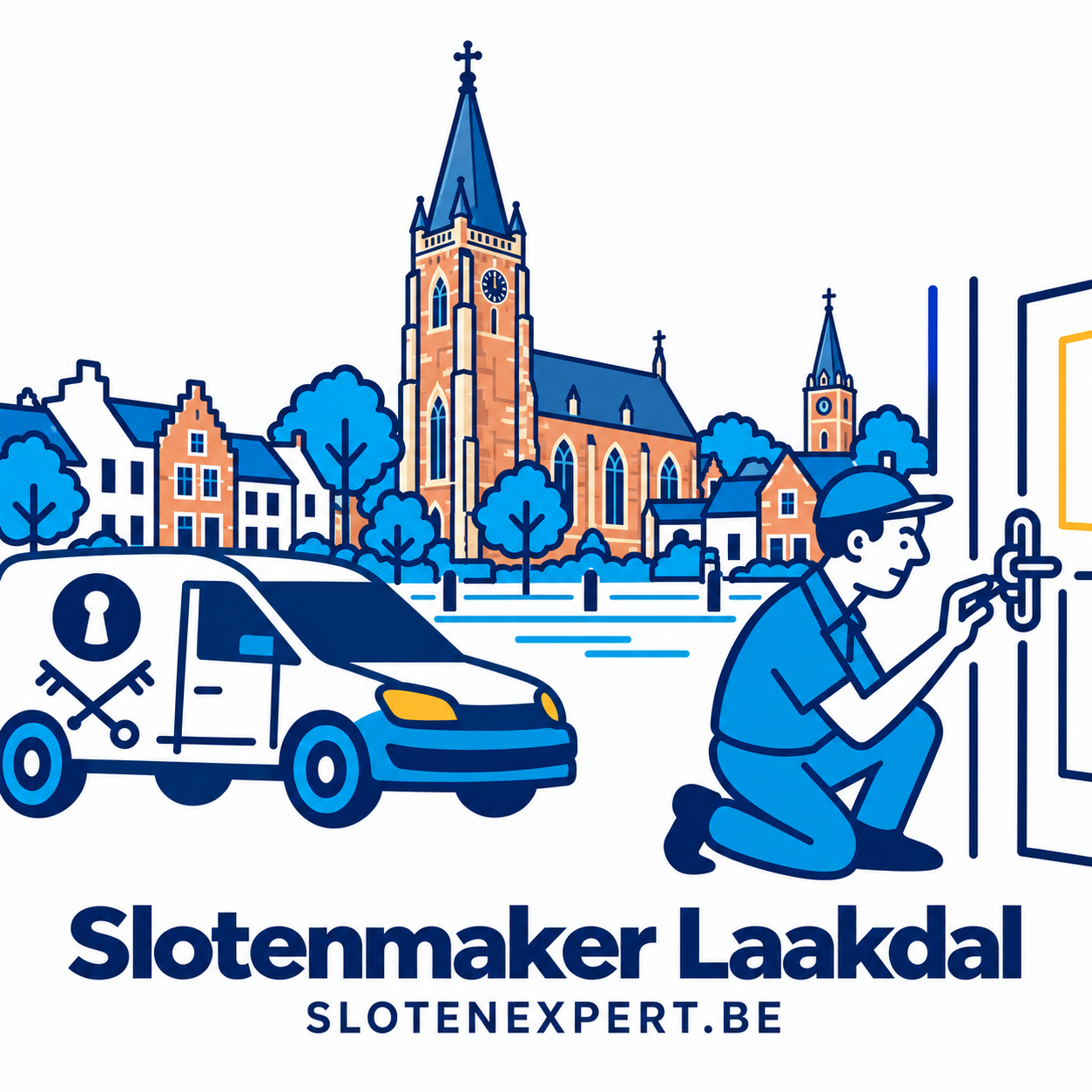 Blauwe SlotenExpert slotenmaker met camionette en geïllustreerd dorpsbeeld met de Sint-Gertrudiskerk in Laakdal