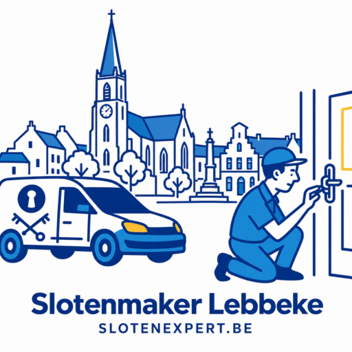 Blauwe SlotenExpert slotenmaker met camionette en geïllustreerde skyline van Lebbeke