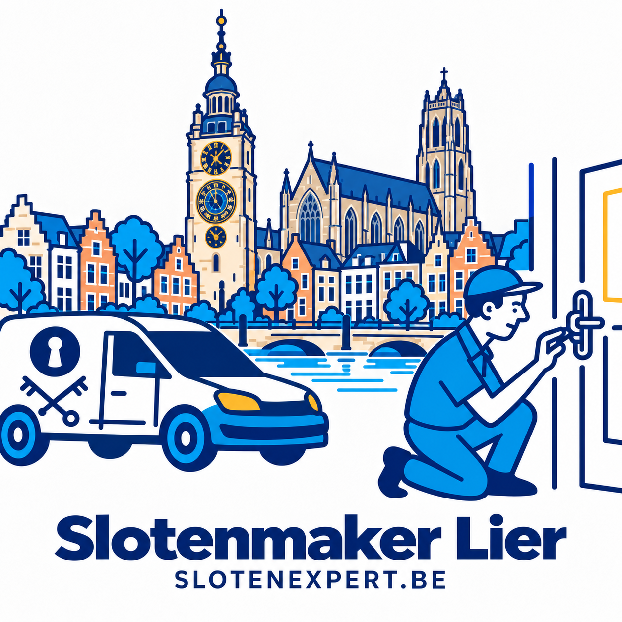 Blauwe SlotenExpert slotenmaker met camionette, Zimmertoren en Sint-Gummaruskerk in een geïllustreerd stadsbeeld van Lier