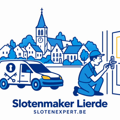 Blauwe SlotenExpert slotenmaker met camionette en geïllustreerde skyline van Lierde