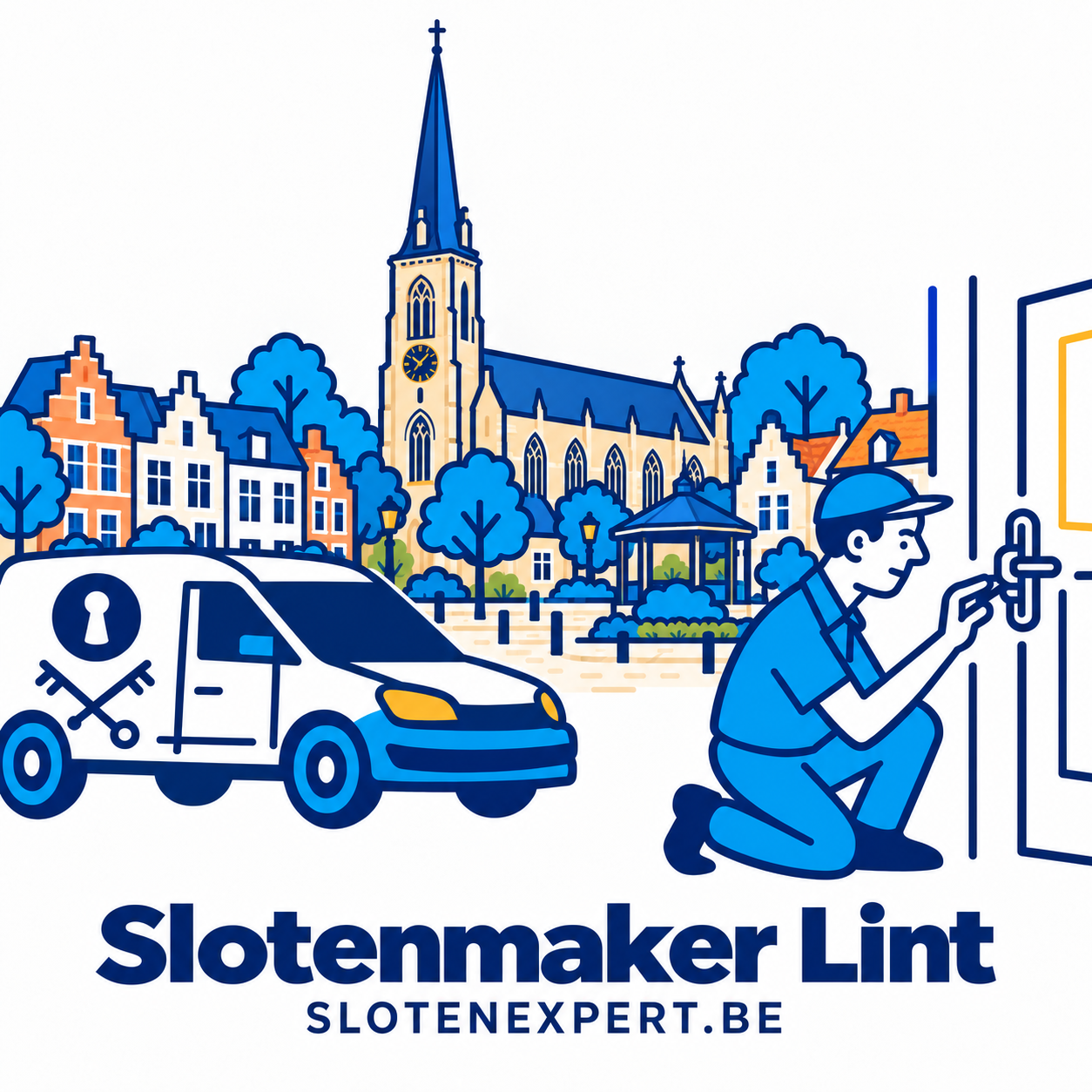 Illustratie van een SlotenExpert-technieker en servicewagen met de skyline van Lint
