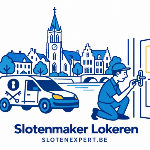 Blauwe SlotenExpert slotenmaker met camionette en geïllustreerde skyline van Lokeren