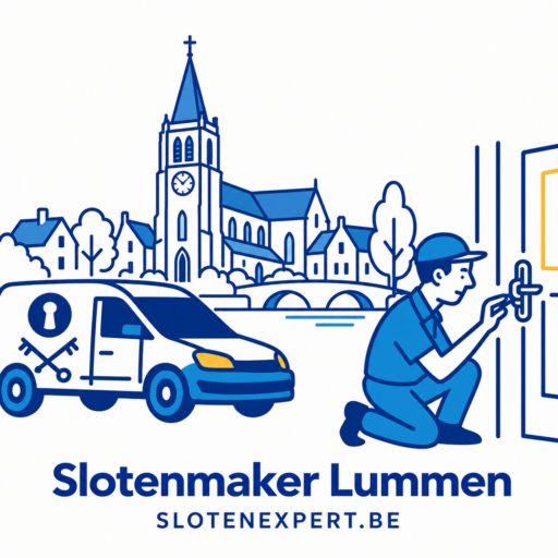 Blauwe SlotenExpert slotenmaker met camionette en geïllustreerde skyline van Lummen