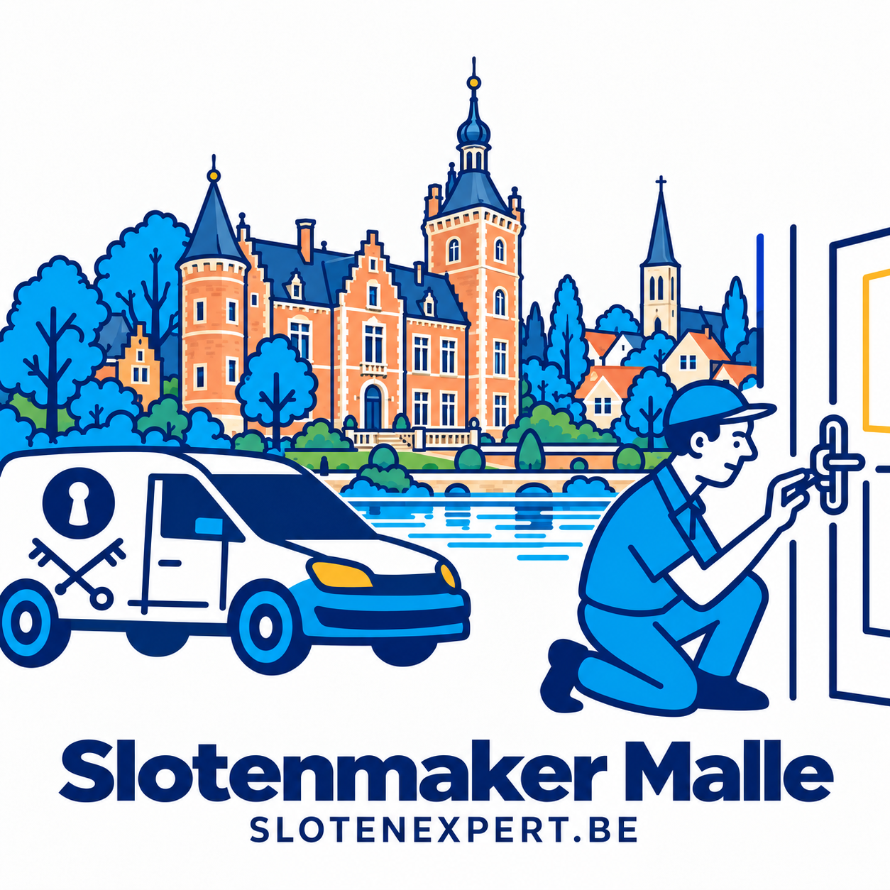 Illustratie van een SlotenExpert-technieker en servicewagen met de skyline van Malle