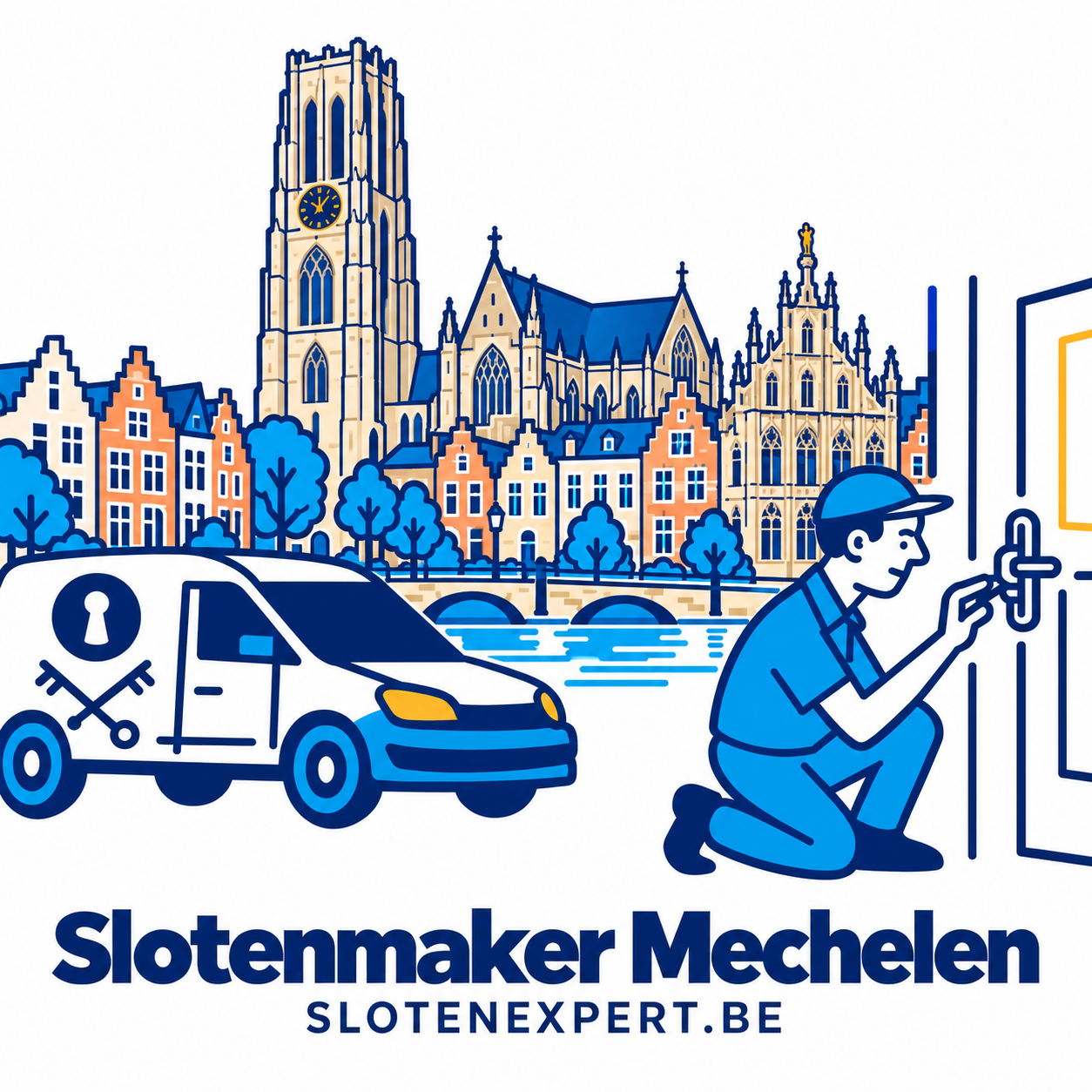 Illustratie van een SlotenExpert-technieker en servicewagen met de Sint-Romboutstoren en skyline van Mechelen