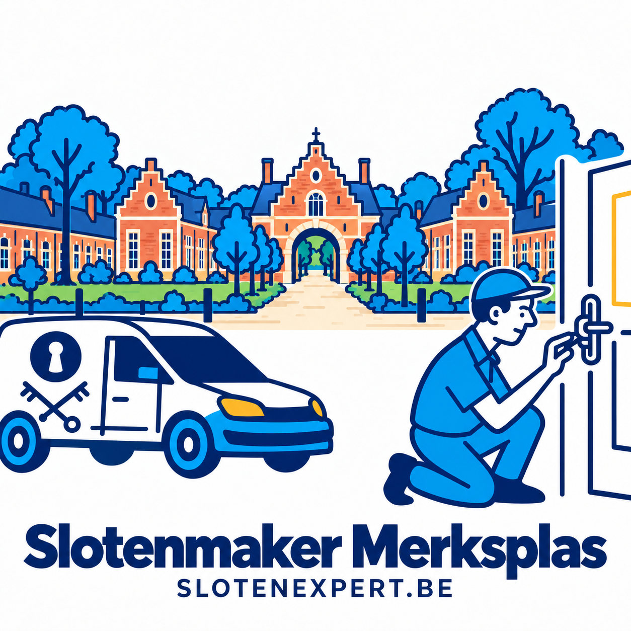 Illustratie van een SlotenExpert-technieker en servicewagen met Merksplas-Kolonie op de achtergrond