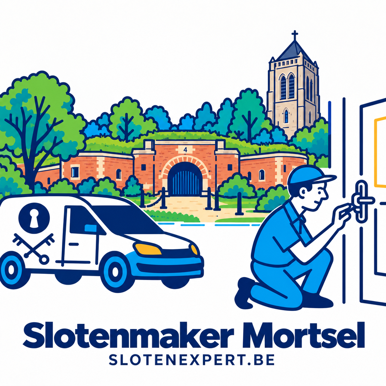 Illustratie van een SlotenExpert-technieker en servicewagen met Fort 4 en de skyline van Mortsel