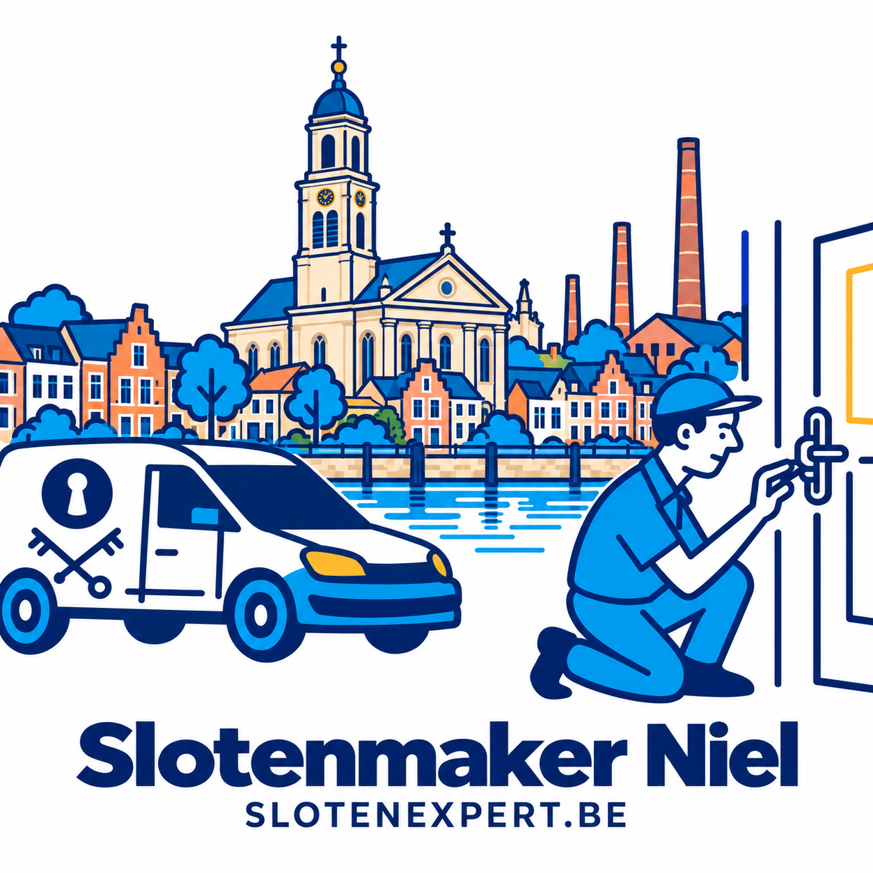 Illustratie van een SlotenExpert-technieker en servicewagen met de skyline van Niel aan de Rupel