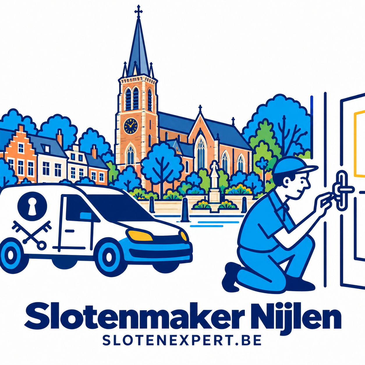 Illustratie van een SlotenExpert-technieker en servicewagen met de Sint-Willibrorduskerk en skyline van Nijlen