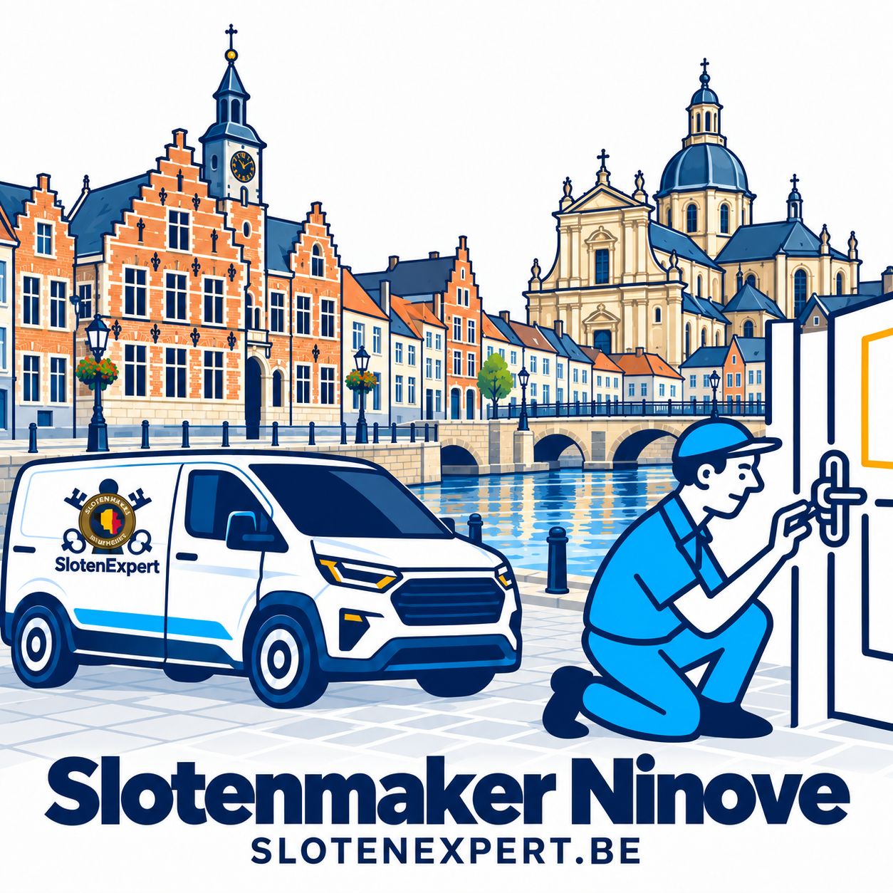 SlotenExpert-technieker met camionette en de lokale skyline van Ninove
