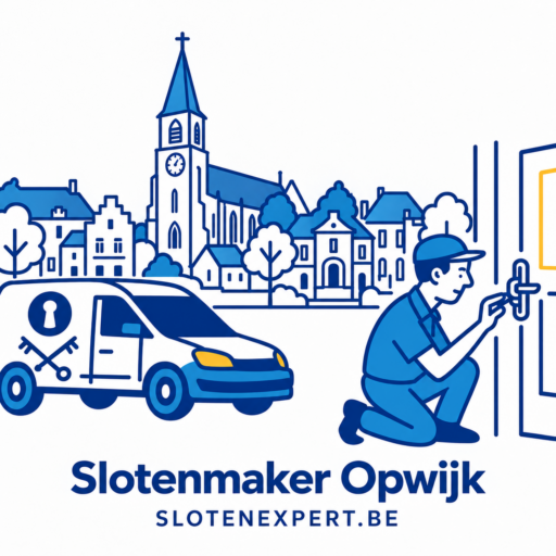 Blauwe SlotenExpert slotenmaker met camionette en geïllustreerde skyline van Opwijk