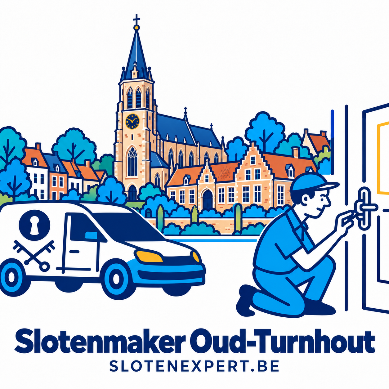 Illustratie van een SlotenExpert-technieker en servicewagen met de skyline van Oud-Turnhout