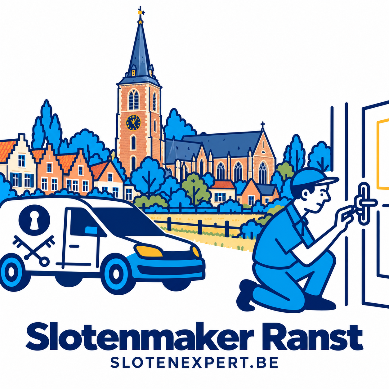 Illustratie van een SlotenExpert-technieker en servicewagen met de skyline van Ranst