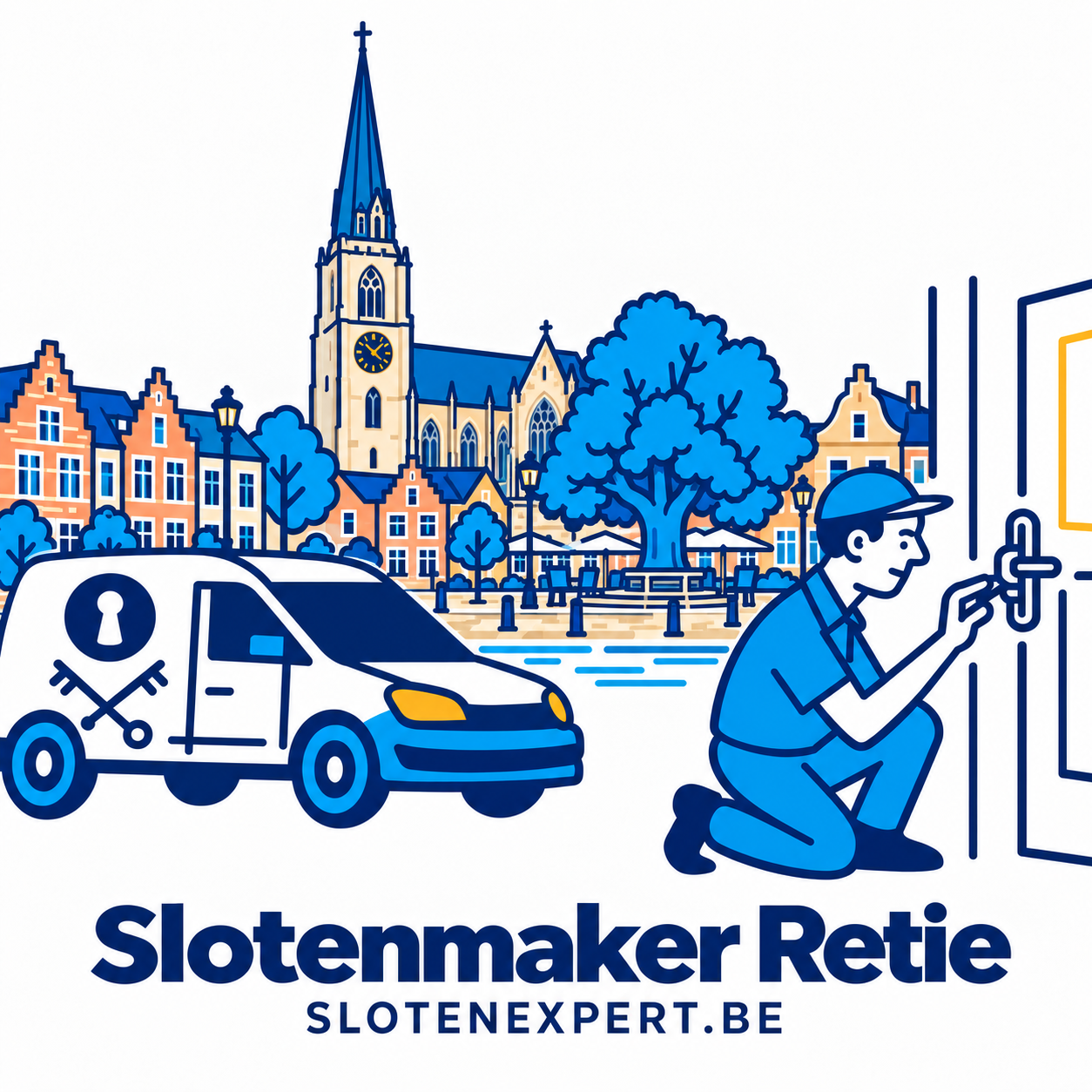 Illustratie van een SlotenExpert-technieker en servicewagen met de Sint-Martinuskerk en gerechtslinde in Retie