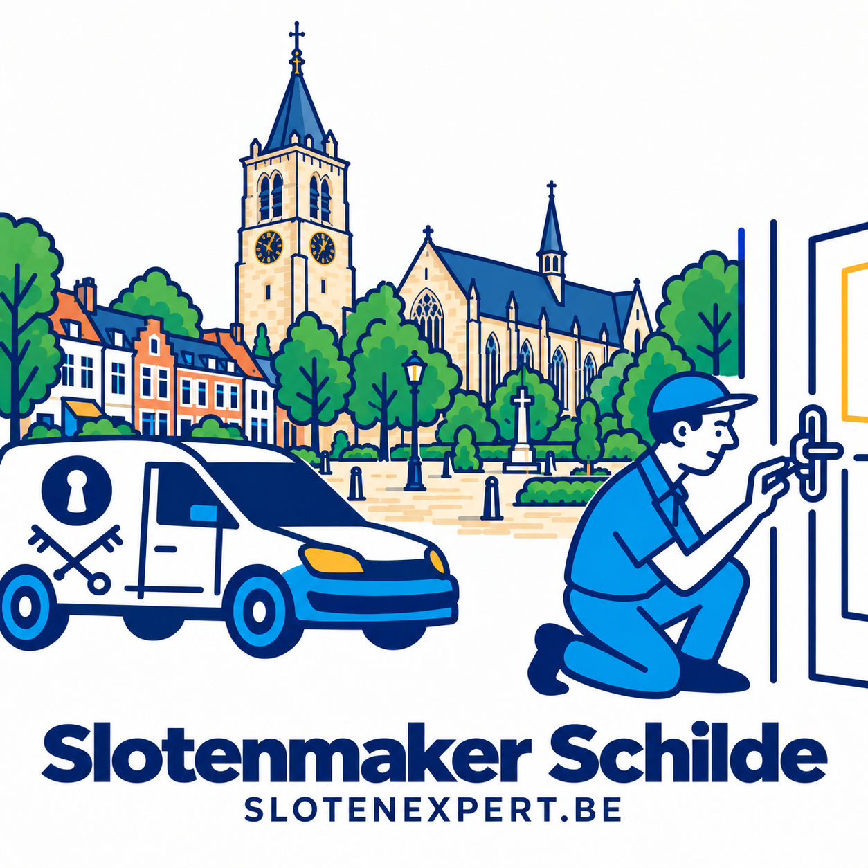 Illustratie van een SlotenExpert-technieker en servicewagen met de skyline van Schilde