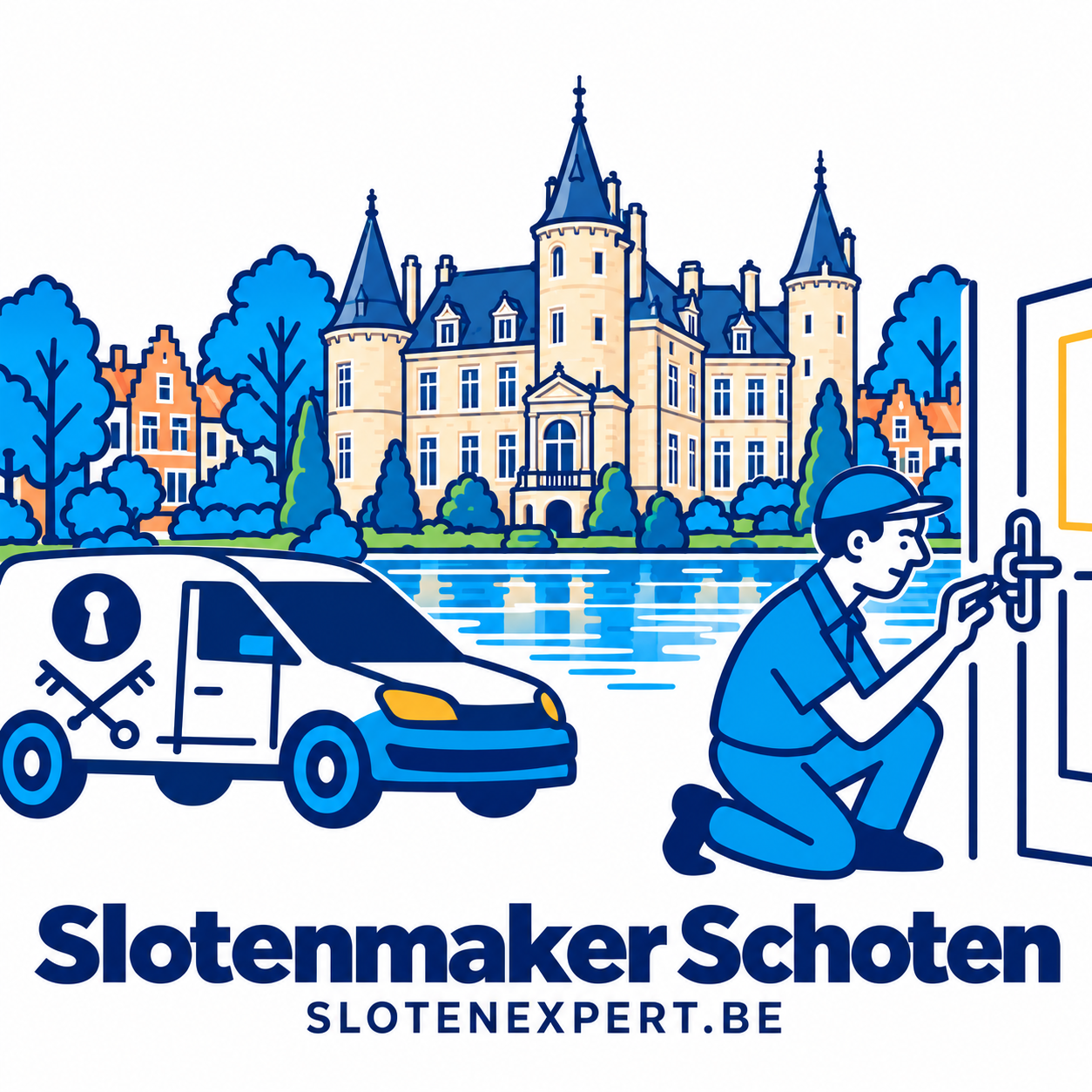 Illustratie van een SlotenExpert-technieker en servicewagen met het kasteel van Schoten op de achtergrond