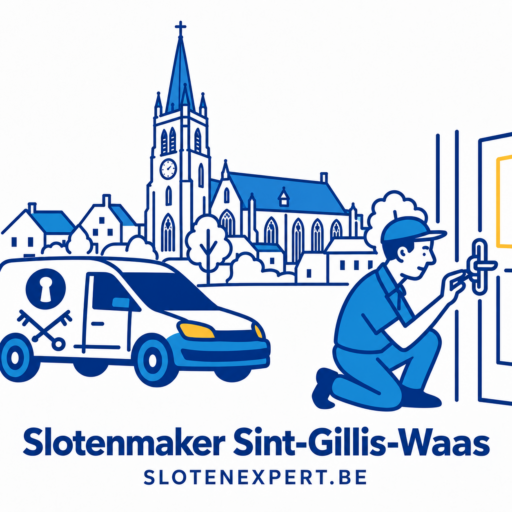 Blauwe SlotenExpert slotenmaker met camionette en geïllustreerde skyline van Sint-Gillis-Waas