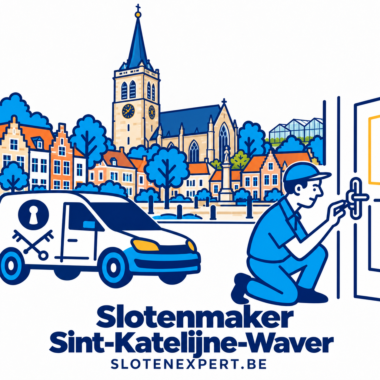 Illustratie van een SlotenExpert-technieker met camionette en de skyline van Sint-Katelijne-Waver