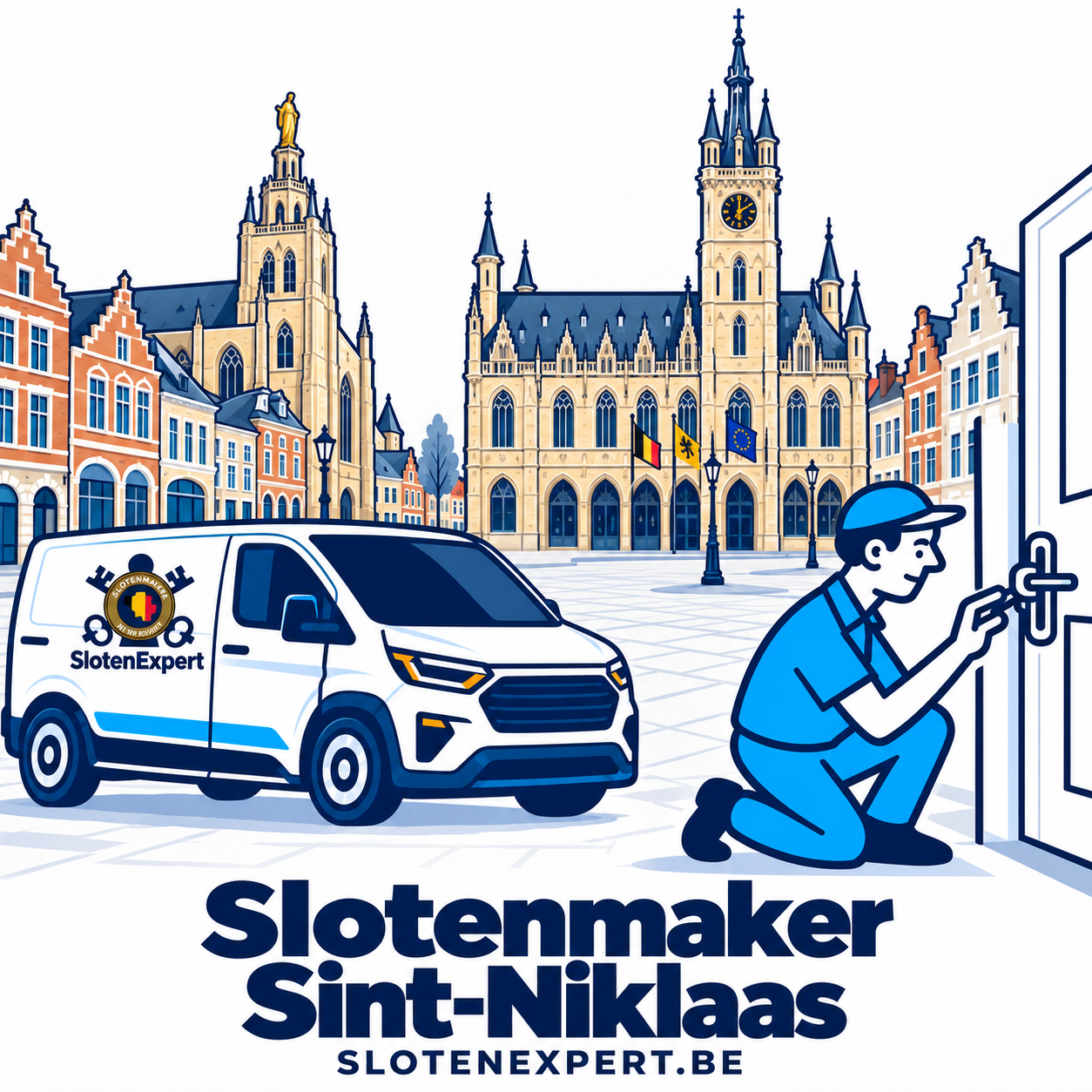 SlotenExpert-technieker met camionette en de lokale skyline van Sint-Niklaas