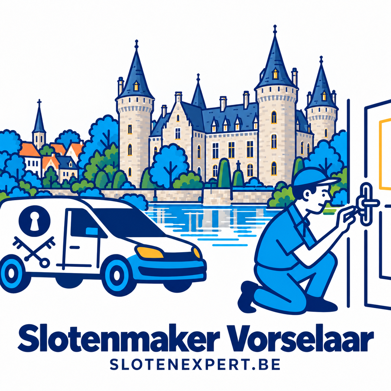 Illustratie van een SlotenExpert-technieker met camionette en de skyline van Vorselaar
