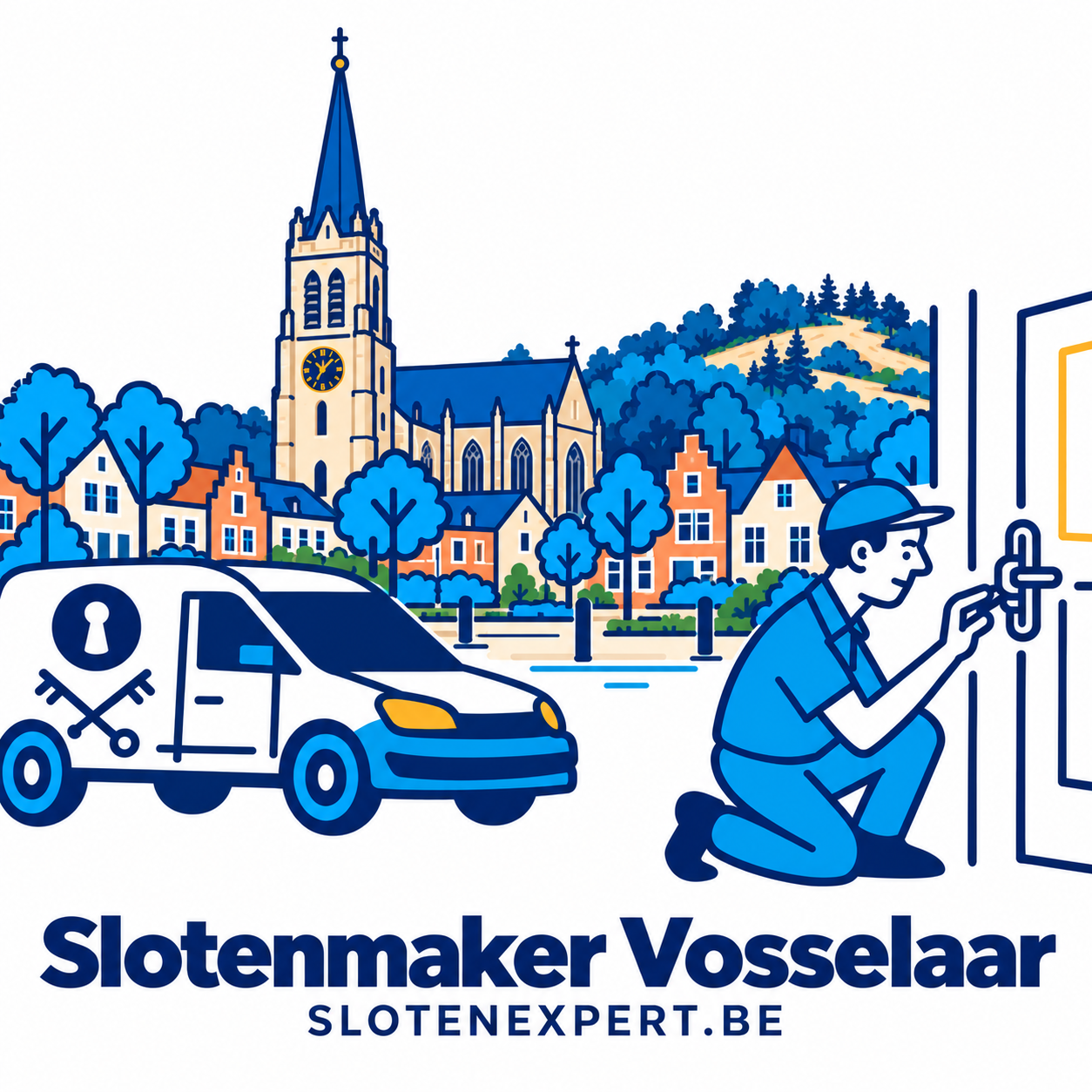 Illustratie van een SlotenExpert-technieker met camionette en de skyline van Vosselaar