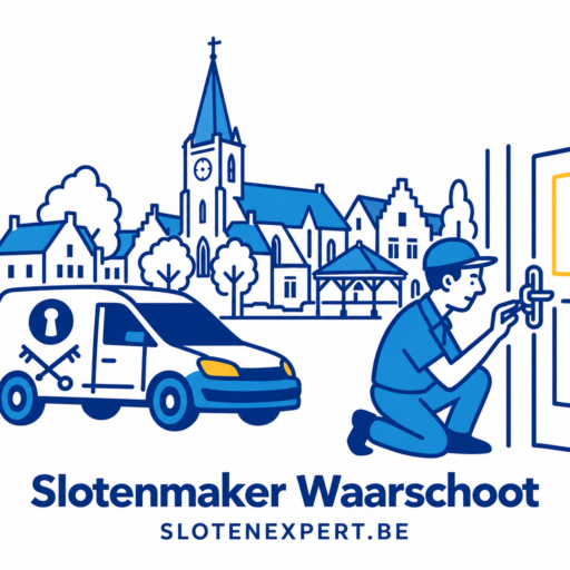 Blauwe SlotenExpert slotenmaker met camionette en geïllustreerde skyline van Waarschoot